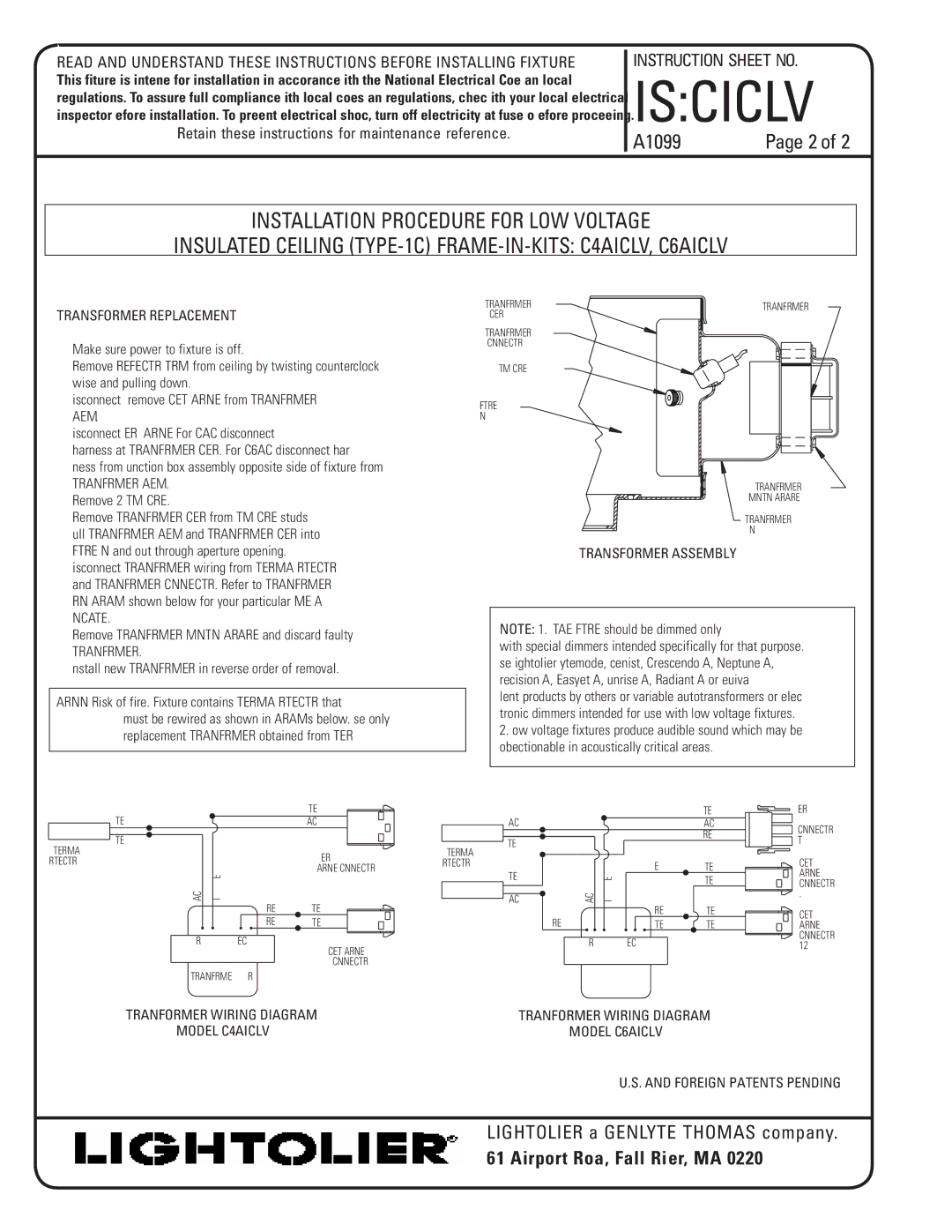 Lightolier C4AICLV, C6AICLV instruction sheet Transformer Replacement, Transformer ASSEMbLY, Foreign Patents Pending 